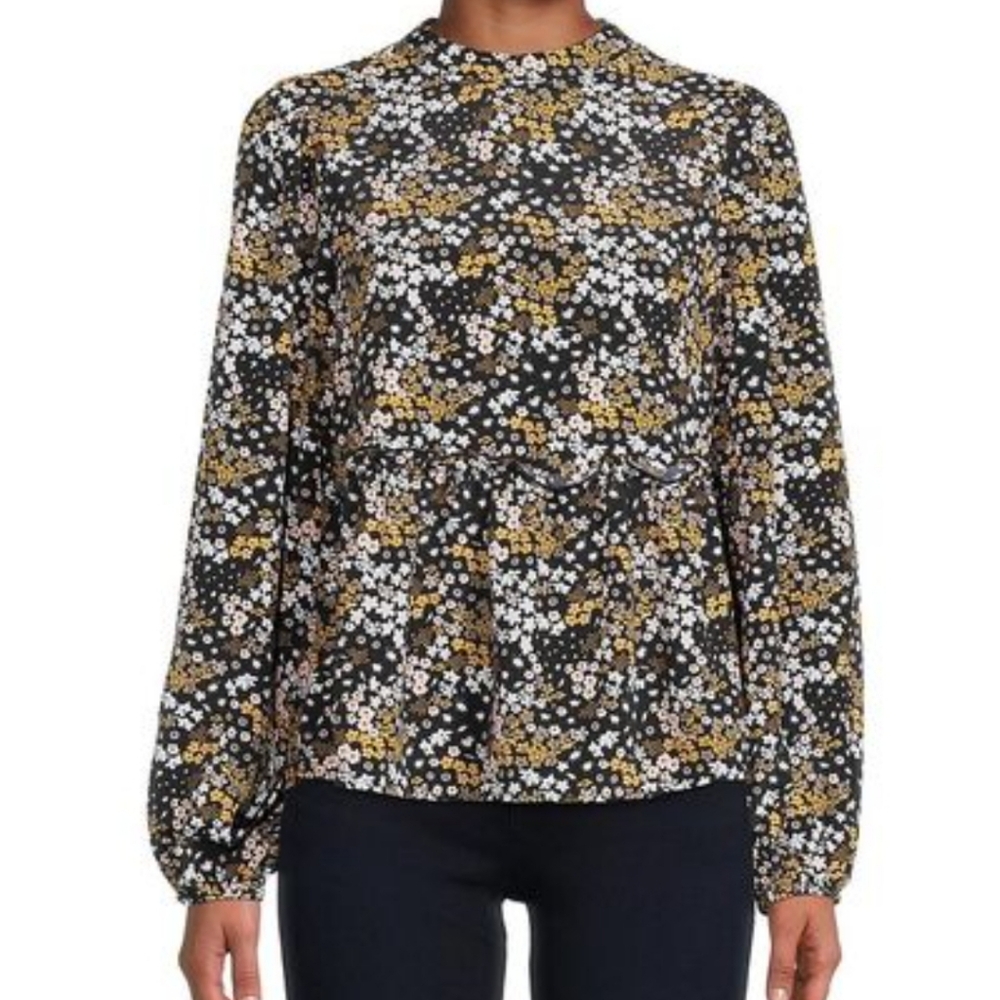 Sanctuary cottagecore baby doll ruffle waist black pink yellow floral top. M